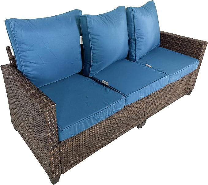 Rattan Outdoor Sofa 3-Seater - PE Woven Patio Couch with Waterproof Blue Cushions, Heavy-Duty Steel Frame for Garden - Photo 7