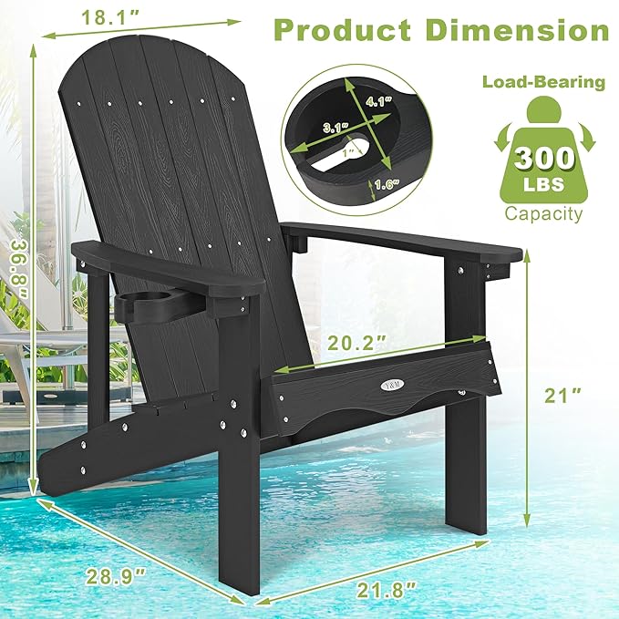 Y&M Adirondack Chair, Black Fire Pit Chairs, Outdoor Patio Chairs with Cup Holder, Weather Resistant HDPE Wooden Textured Patio Chairs, Perfect for Garden, Lawn, Deck, or Poolside