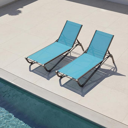Lounge Chair Set of 2, Aluminum Chaise Lounge Outdoor, Lightweight Lounge Chairs for Outside with 5 Adjustable Backrest, Pool Lounger for Poolside, Beach, Balcony, Deck (Lake Blue)