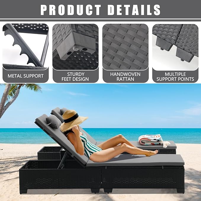 3 PCS Patio Chaise Lounge with Coffee Table Cushion&Pillow Outdoor Lounge Chair Chaise Lounger Patio Reclining Chair 5 Angle Adjustment Black PE Rattan for Courtyards Poolside (Dark Gray)