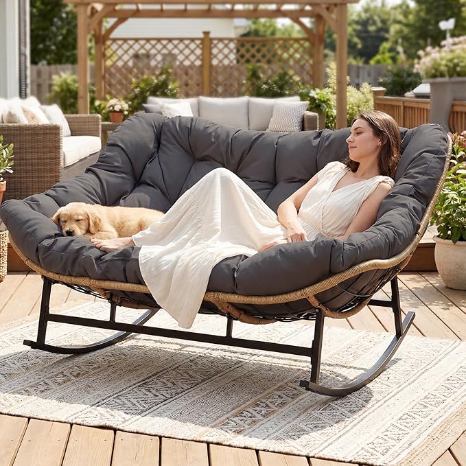 NICESOUL Double Wide Rocking Papasan Chair Outdoor Indoor for 2, PE Wicker Patio Rocking Chair with Cushion and Frame, 700 lbs Heavy Duty Big Comfy Lounge Chair for Porch, Balcony & Living Room, Grey