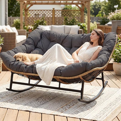 NICESOUL Double Wide Rocking Papasan Chair Outdoor Indoor for 2, PE Wicker Patio Rocking Chair with Cushion and Frame, 700 lbs Heavy Duty Big Comfy Lounge Chair for Porch, Balcony & Living Room, Grey