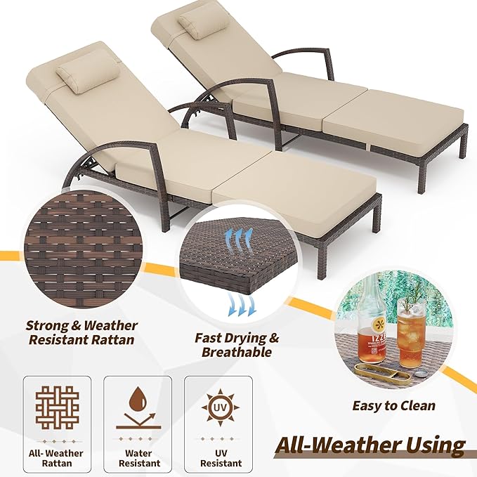 Outdoor Chaise Lounge Chairs Set of 2, Patio Rattan Reclining Chair with 5-Position Adjustable Backrest, All-Weather Pool Sunbathing Recliners with Rolling Wheels for Outside, Brown and Beige，2pcs