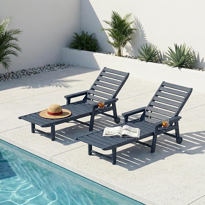 Adjustable Lounge Chair Outdoor Set of 2, HDPE Outdoor Chaise Lounge with Cup Holder & Wheels, Pool Lounge Chairs for Poolside, Backyard Pool, Patio, Beach, Deck, (Navy Blue)