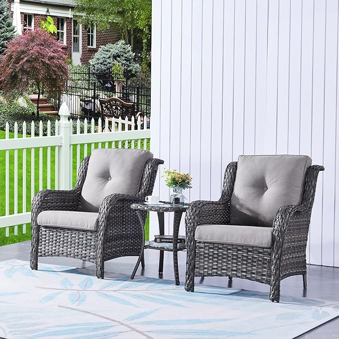 HUMMUH 5 Pieces Patio Bistro Set Wicker Patio Chairs Set of 2 with Ottomans and Side Table Rattan Outdoor Furniture Conversation Set for Yard,Garden,Porch…