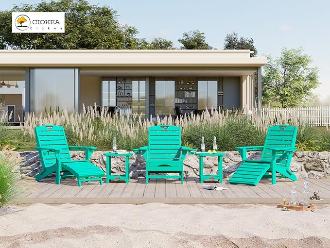 Ciokea Folding Adirondack Chair Set of 2 with Retractable Ottoman Fire Pit Patio Chair with Pull Out Foot Rest Weather - Photo 8