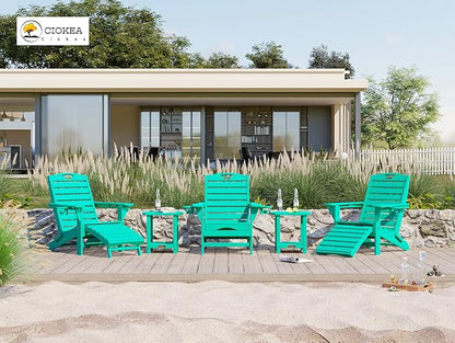 Ciokea Folding Adirondack Chair Set of 6 with Retractable Ottoman Fire Pit Patio Chair with Pull Out Foot Rest Weather Resistant Lawn Outdoor Chair with 2 Cup Holder (Lake Blue)