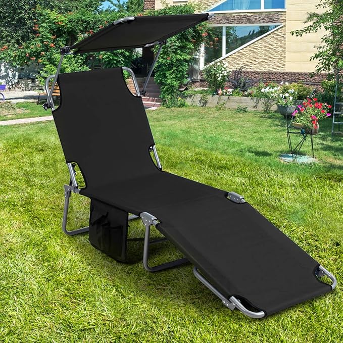 Giantex Tanning Chair, Patio Chaise Lounge Chair with 5 Adjustable Position, Shade Canopy, Storage Pocket, Camping Cot, Outdoor Sunbathing Recliner for Poolside, Lawn Folding Beach Chairs(2, Black)