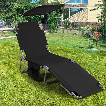 Giantex Tanning Chair, Patio Chaise Lounge Chair with 5 Adjustable Position, Shade Canopy, Storage Pocket, Camping Cot, Outdoor Sunbathing Recliner for Poolside, Lawn Folding Beach Chairs(2, Black)