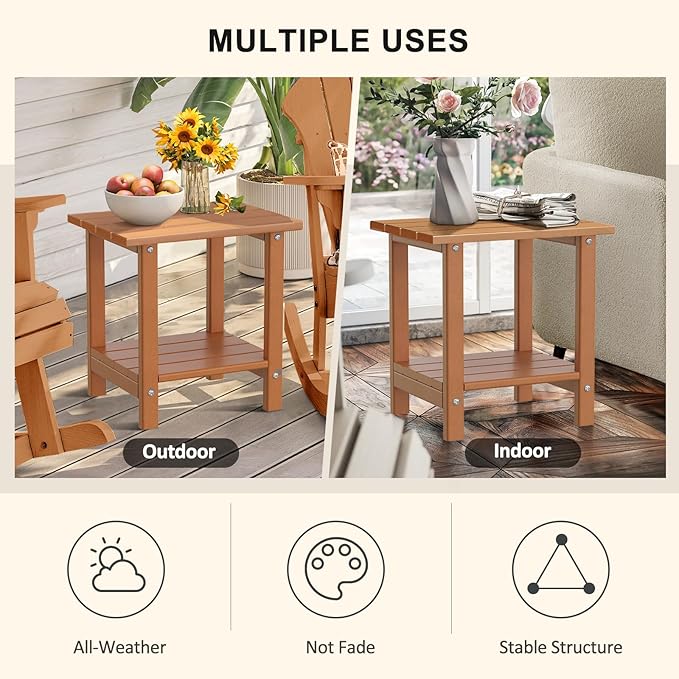 Adirondack Outdoor Side Table, 16.6" Small Patio End Table, 2-Tier HDPE Plastic Table for Poolside Porch Garden, Weather Resistant & Easy Assembly (Teak, Rectangle)