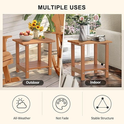 Adirondack Outdoor Side Table, 16.6" Small Patio End Table, 2-Tier HDPE Plastic Table for Poolside Porch Garden, Weather Resistant & Easy Assembly (Teak, Rectangle)