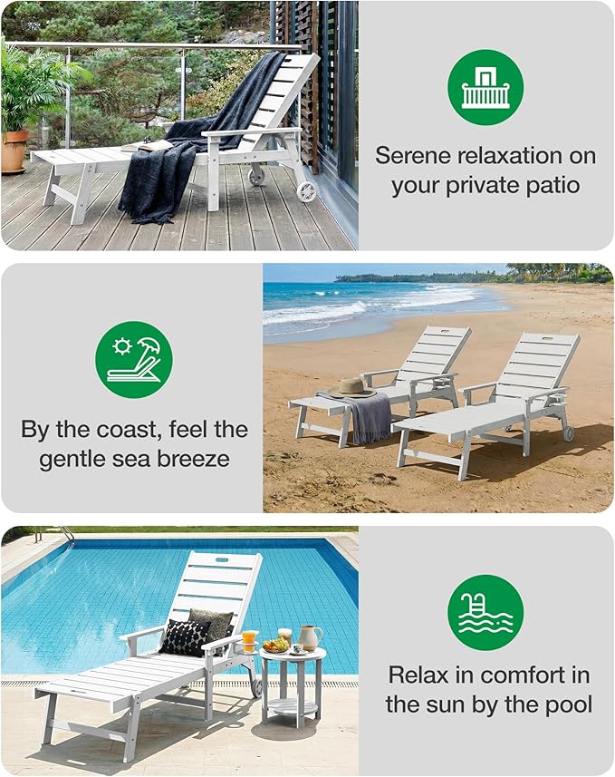 YEFU Lounge Chair Outdoor Set of 2: Outdoor Chaise Lounge with 5-Level Adjustable Backrest, Cup Holders & Wheels, All-Weather Resistance Chaise Lounge for Outside/Patio/Beach/Deck, White