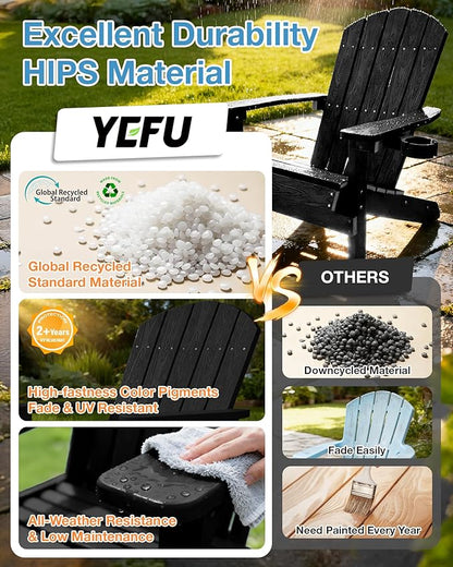YEFU Adirondack Chairs Set of 2 for Patio: Zero Gravity Fire Pit Chairs Plastic with Cup Holders & Wood Texture - Sturdy All-Weather HIPS for Outdoor Backyard Lawn - Easy Assembly(Black)
