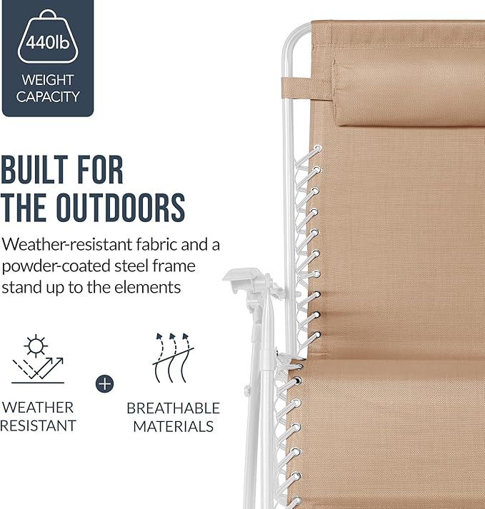 Best Choice Products Set of 2 Extra Wide Adjustable Steel Mesh Zero Gravity Lounge Chair Recliners w/Pillows and Cup Holder Trays - Sand/White