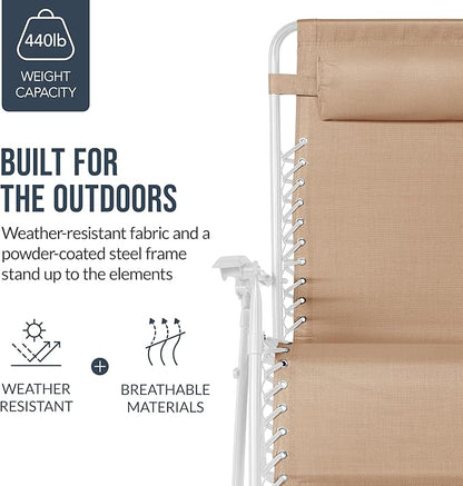 Best Choice Products Set of 2 Extra Wide Adjustable Steel Mesh Zero Gravity Lounge Chair Recliners w/Pillows and Cup Holder Trays - Sand/White