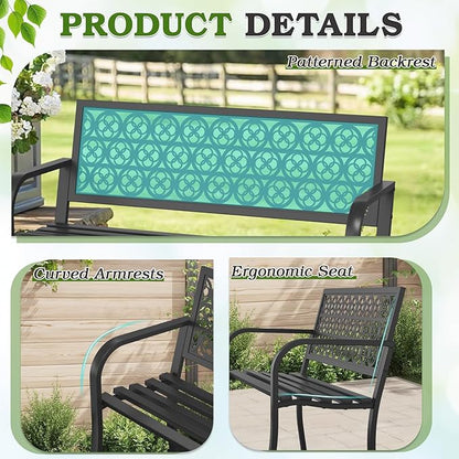 44" Outdoor Garden Bench, Iron Metal Frame Patio Bench with Backrest Armrests, Weatherproof Anti-Rust Outdoor Bench for Front Porch, Park, Yard, Patio (411-Black)