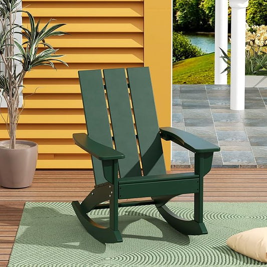 WestinTrends Ashore Patio Rocking Chair, All Weather Poly Lumber Plank Adirondack Rocker Chair, Modern Farmhouse Outdoor Rocking Chairs for Porch Garden Backyard and Indoor, Dark Green