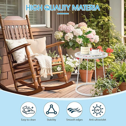 Outdoor Side Table with Flower Cut Outs 14" Weather Resistant Metal Patio Side Tables Small Plant Stand Round Outdoor End Table for Patio Outside Porch Balconies Garden(White,Simple)