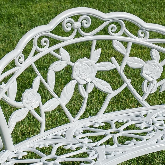 Wrought Iron Bench Curved Steel Rose Pattern Patio Garden Chair Antique Style Backyard Home Seat Loveseat Metal White Outdoor Indoor Pool Side Bristo Double Sitting Balcony Home Office Solid Legs