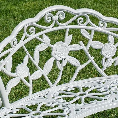 Wrought Iron Bench Curved Steel Rose Pattern Patio Garden Chair Antique Style Backyard Home Seat Loveseat Metal White Outdoor Indoor Pool Side Bristo Double Sitting Balcony Home Office Solid Legs