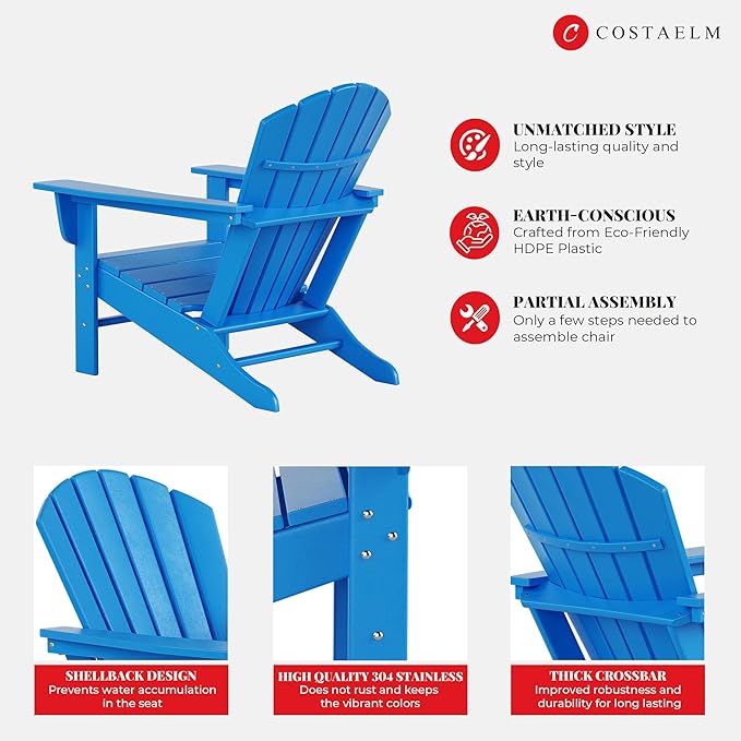 Costaelm Outdoor Adirondack Chair, HDPE Patio Chair, Weather Resistant Lawn Firepit Outside Chairs for Porch, Poolside, Garden, Backyard Deck, Pacific Blue