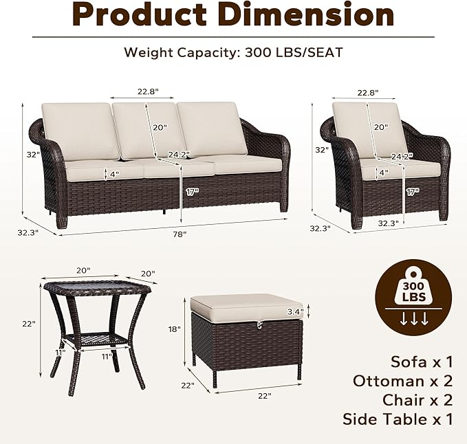 6 Piece Patio Wicker Conversation Set, All-Weather Use Outdoor Wicker Sofa with 2 PE Rattan Ottomans, 2 Chair - Photo 2