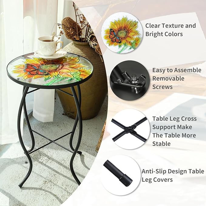 VCUTEKA Patio Side Table Outdoor Accent Table Bistro Coffee Table Plant End Table Small Porch Table Indoor Round Glass Balcony Plant Table Stands Sunflower 14''