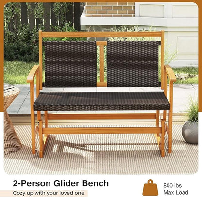 HAPPYGRILL Outdoor Glider Bench Acacia Wood Porch Glider with Rattan Seat and Backrest, Curved Armrests, 2-Person Swing Rocking Chair for Patio, Backyard, Garden, Balcony