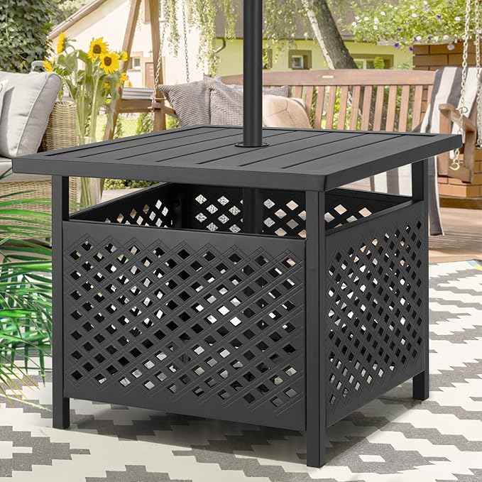 AECOJOY Black Metal Patio Table with Umbrella Hole, Outdoor Side End Table with Umbrella Hole, Small Outdoor Side End Coffe Table for Patio Deals, Pool Deck Umbrella Base Stand