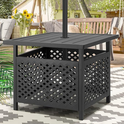 AECOJOY Black Metal Patio Table with Umbrella Hole, Outdoor Side End Table with Umbrella Hole, Small Outdoor Side End Coffe Table for Patio Deals, Pool Deck Umbrella Base Stand