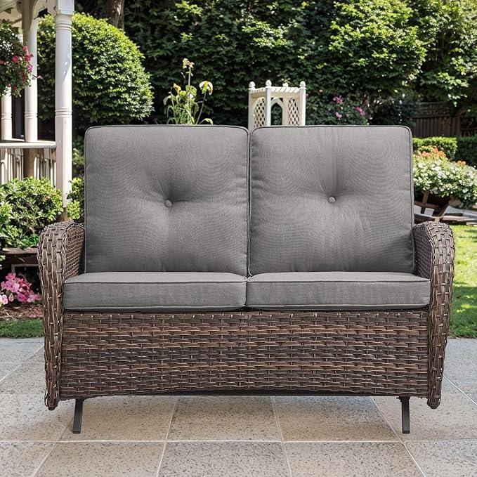 Patio Loveseat Wicker Loveseat Rattan Glider Sofa with Curved Armrest Thicking Back & Seat Cushions for Garden Balcony - Photo 7