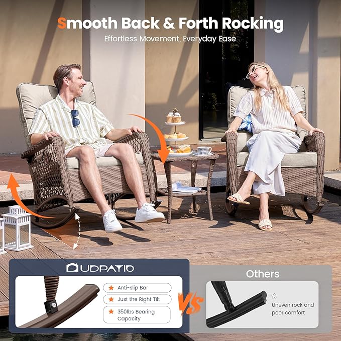 UDPATIO 3 Piece Patio Furniture Set, Wicker Rocking Bistro Set with 2 Rockers, 1 Side Table and 4‘’ Thick Cushions for Backyard, Porch, Balcony, Poolside, Brown/Beige