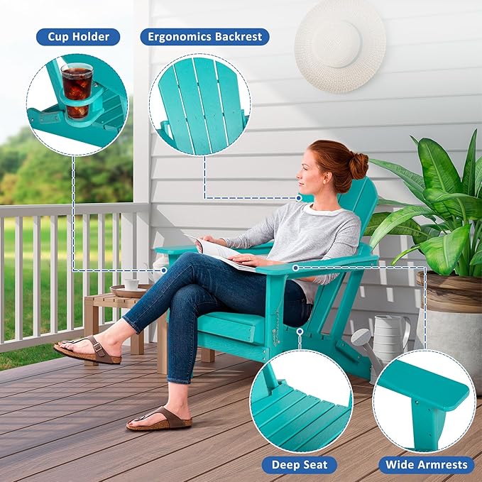 Adirondack Chair with Cushion & Cup Holder, HDPE Folding Adirondack Chair with Wood-Like Grain Outdoor Fire Pit Chairs for Patio/Porch/Swimming Pool/Camping (Aruba)