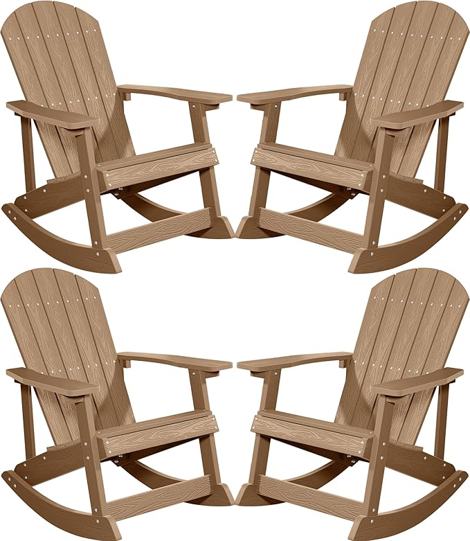 YEFU Outdoor Rocking Chair Set of 4,Adirondack Rocking Chair,Patio Rocker Chair with Wide Back,Oversized Rocker Chair Look Like Real Wood, for Lawn, Porch, Backyard, Indoor and Garden(Teak)