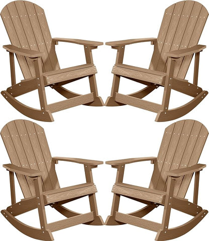 YEFU Outdoor Rocking Chair Set of 4,Adirondack Rocking Chair,Patio Rocker Chair with Wide Back,Oversized Rocker Chair Look Like Real Wood, for Lawn, Porch, Backyard, Indoor and Garden(Teak)