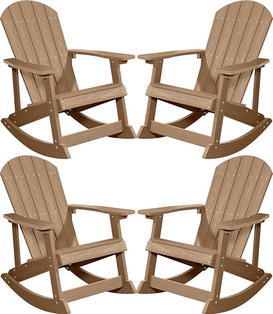 YEFU Outdoor Rocking Chair Set of 4,Adirondack Rocking Chair,Patio Rocker Chair with Wide Back,Oversized Rocker Chair Look Like Real Wood, for Lawn, Porch, Backyard, Indoor and Garden(Teak)