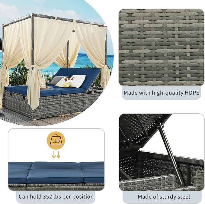 Merax Outdoor Patio Wicker Sunbed Daybed with Canopy, Overhead Curtains, Cushions, Lounge Chairs with Adjustable Seats - Photo 4