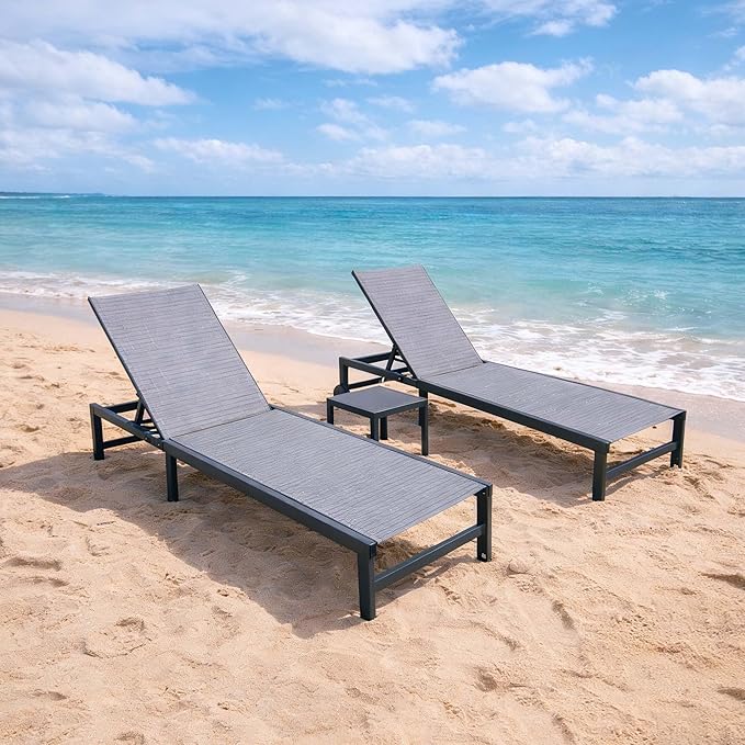 PURPLE LEAF Outdoor Chaise Lounge Chairs Set Adjustable Recliner Chair with Wheels and Table for Poolside Beach Patio Aluminum Reclining Sunbathing Lounger Mixed Grey