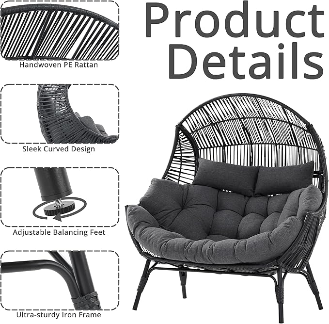 IRONCK Double Egg Chair Outdoor, 2 Person Wicker Lounge Chair, Oversized Thickened Padded Cushions and Headrests - Photo 4