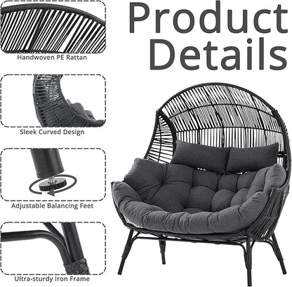 IRONCK Double Egg Chair Outdoor, 2 Person Wicker Lounge Chair, Oversized Thickened Padded Cushions and Headrests, 680 Lbs Egg Loveseat for Indoor, Patio, Living Room, Porch, Balcony, Dark Grey