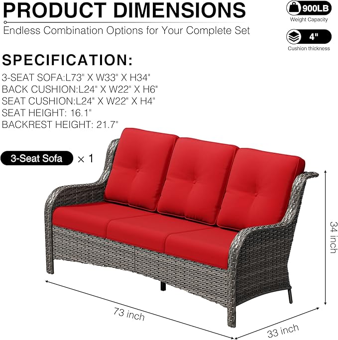 Joyside Outdoor Patio Couch, 3 Seater Outdoor Wicker Sofa with High Back, Deep Seating, Wide Armrest, Thickened Cushions - Photo 2