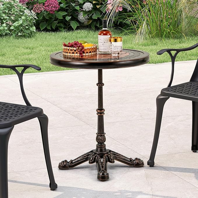 Tangkula 24" Round Patio Dining Table, Weather-Resistant Cast Aluminum Outdoor Table with Carved Texture & Painted Top, for Balcony, Garden, Backyard, Poolside