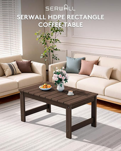 SERWALL Outdoor Coffee Table with 1.69" Umbrella Hole, HDPE Patio Coffee Table for Outside, Rectangle, Coffee