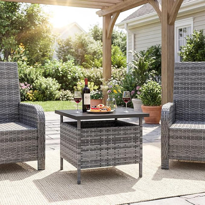 Tangkula Outdoor Wicker Table, Rattan Coffee Table with Umbrella Insert Hole, HDPE Tabletop & Sturdy Metal Frame, Patio Umbrella Side Table Stand for Backyard, Garden, Poolside (Mix Grey)