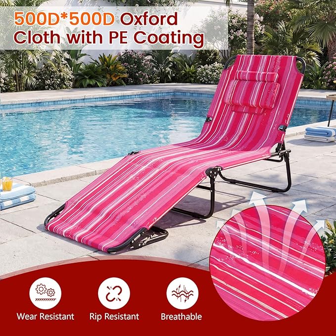 Tangkula Beach Lounge Chair, Folding Sunbathing Recliner with Face Hole, Face Down Tanning Chair with 4-Level Adjustable Backrest & 3 Removable Pillows, Chaise Lounge Chair for Patio (1, Pink Stripe)