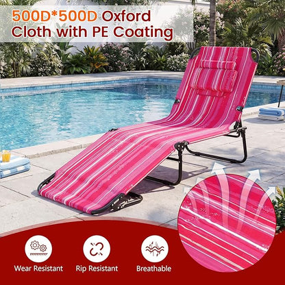 Tangkula Beach Lounge Chair, Folding Sunbathing Recliner with Face Hole, Face Down Tanning Chair with 4-Level Adjustable Backrest & 3 Removable Pillows, Chaise Lounge Chair for Patio (1, Pink Stripe)