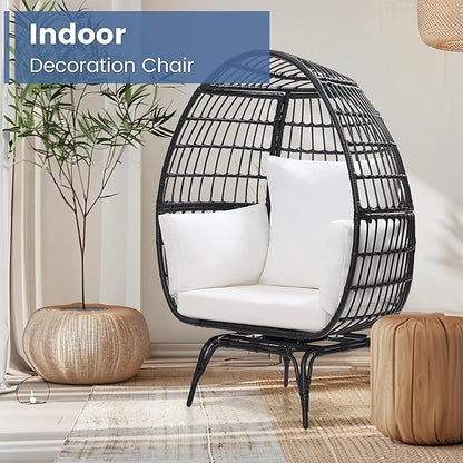 Oversized 360° Swivel Rattan Egg Chair for Adult, Indoor Outdoor Patio Large Wicker Egg Chair with Overstuffed Cushions, 440lb Weight Capacity, Black Rattan with Beige Cushion
