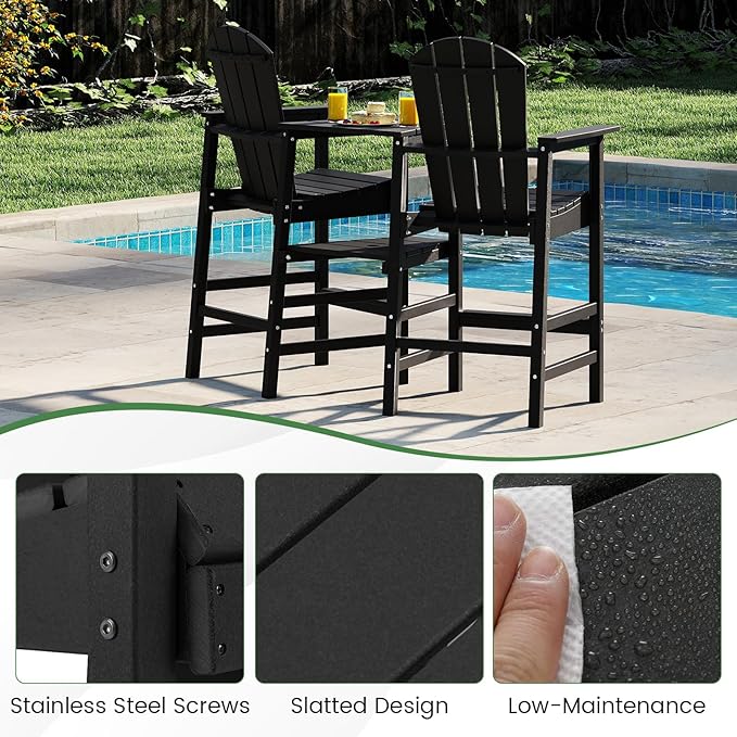 Giantex Outdoor Tall Adirondack Chairs Set of 2, HDPE Adirondack Bar Stools w/Double Connecting Tray, Umbrella Hole, High Backrest, All-Weather Balcony Chair, Patio Barstools for Garden Lawn (Black)