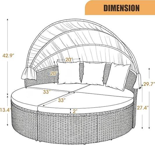 Homall Patio Outdoor Daybed with Retractable Canopy, Rattan Wicker Sectional Seating with Washable Cushions for Patio Backyard Porch Round Daybed Separated Seating (Beige)