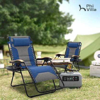 PHI VILLA XXL Oversized Padded Zero Gravity Chair, Foldable Patio Recliner, 30" Wide Seat Anti Gravity Lounger with Cup Holder, Support 400 LBS (Thumb Blue)